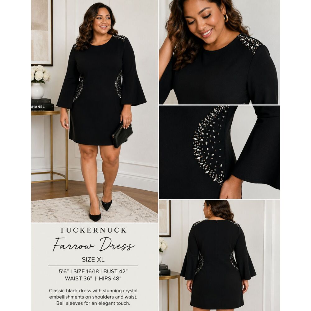Tuckernuck Farrow Embellished Black Dress XL Crystal Bell Sleeve LBD
